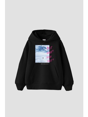 Sekizbiraltı But Why Baskılı Oversize Unisex Siyah Hoodie