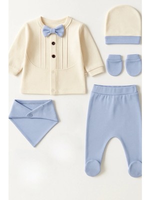 Bamoola Organik Erkek Bebek Papyon Desenli 5'li Tulum Hastane Çıkışı Yenidoğan Kıyafet Mama Önlüğü