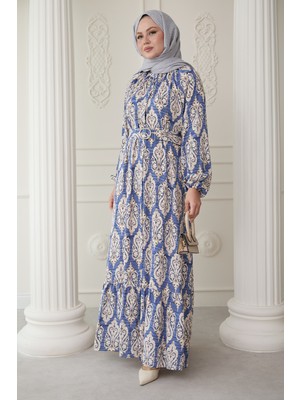 inStyle Sıralı Etnik Desen Indigo Viskon Elbise