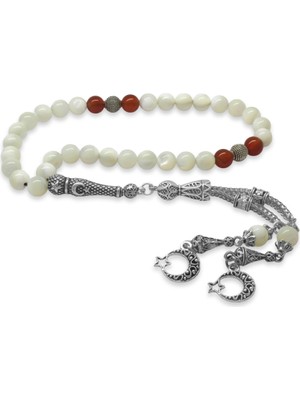 Tesbihane Kararmaz Metal Ayyıldız Püsküllü Küre Kesim Sedef-Mercan Doğaltaş Tesbih