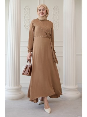 inStyle Incili Önü Bağlamalı Camel Ayrobin Elbise