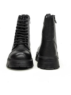 Don&duk Kadın Kışlık Hakiki Deri Siyah Bot Kauçuk Taban Kısa Maskaretli Model