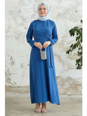 inStyle Incili Önü Bağlamalı Mavi Ayrobin Elbise