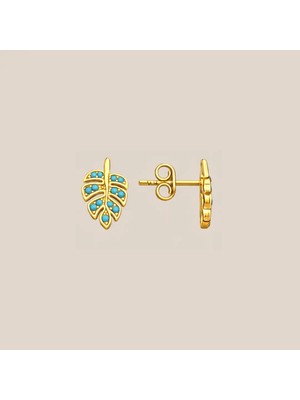 Firuzeli Monstera Altın Küpe