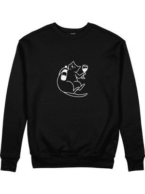The Lucid Lab Wine Lover Cat Sweatshirt - Siyah