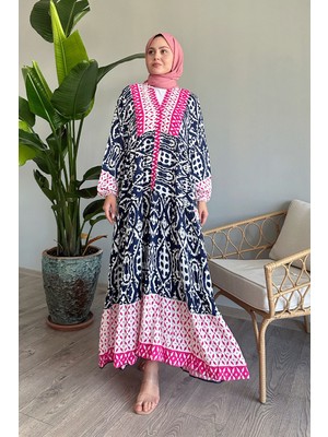 inStyle Desenli Balon Kol Lacivert Viskon Elbise