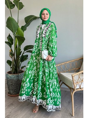 inStyle Düğmeli Salaş Desenli Yeşil Viskon Elbise