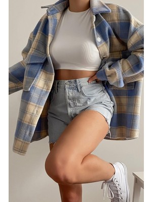 Madmext Kadın Gömlek Mad Girls Turkuaz Ekose Ceket Uzun Kol Günlük Jakarlı Desen