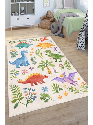 Pelura Halı Sevimli Dinazor Desenli Dijital Baskılı Yıkanabilir Kaymaz Taban Çocuk Halısı