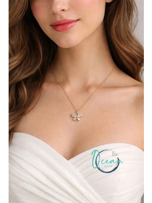 Oceandesign Altın Renk Kelebek Figürlü Beyaz Zirkon Taşlı Kadın Kolye 45 cm Çelik Zincir