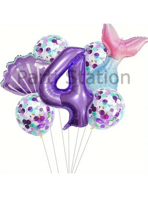 Parti Station Deniz Kızı Konsept 4 Yaş Balon Set Mor Deniz Kızı Mermaid Doğum Günü Folyo Balon Set