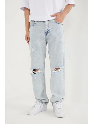 Difransel Jeans Erkek Dizi Yırtık Açık Mavi Baggy Pantolon