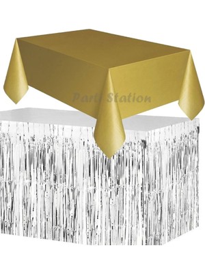 Parti Station Masa Örtüsü Masa Eteği Plastik Altın Gold Renk Masa Örtüsü Gümüş Renk Metalize Sarkıt Masa Eteği Set