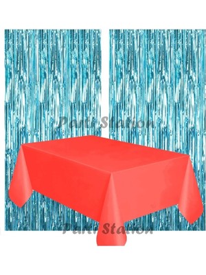 Parti Station 2 Adet Mavi Renk Metalize Arka Fon Perdesi ve 1 Adet Plastik Kırmızı Renk Masa Örtüsü Set