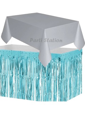Parti Station Masa Örtüsü ve Masa Eteği Set Plastik Gri Renk Masa Örtüsü Mavi Renk Metalize Sarkıt Masa Eteği Set