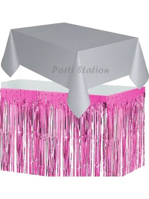 Parti Station Masa Örtüsü ve Masa Eteği Set Plastik Gri Renk Masa Örtüsü Pembe Renk Metalize Sarkıt Masa Eteği Set