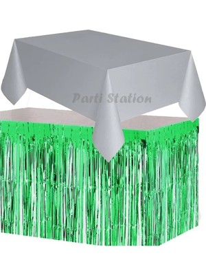 Parti Station Masa Örtüsü ve Masa Eteği Set Plastik Gri Renk Masa Örtüsü Yeşil Renk Metalize Sarkıt Masa Eteği Set
