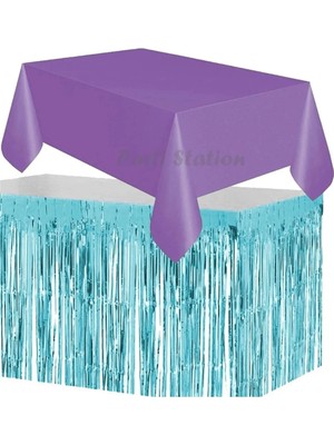 Parti Station Masa Örtüsü ve Eteği Set Plastik Mor Renk Masa Örtüsü Mavi Renk Metalize Sarkıt Masa Eteği Set