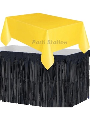 Parti Station Masa Örtüsü ve Masa Eteği Set Plastik Sarı Renk Masa Örtüsü Siyah Renk Metalize Masa Eteği Set