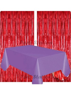 Parti Station 2 Adet Kırmızı Renk Metalize Arka Fon Perdesi ve 1 Adet Plastik Mor Renk Masa Örtüsü Set