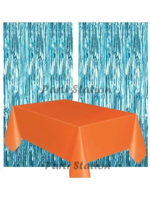 Parti Station 2 Adet Mavi Renk Metalize Arka Fon Perdesi ve 1 Adet Plastik Turuncu Renk Masa Örtüsü Set