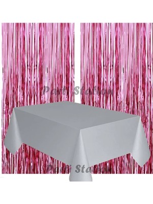 Parti Station 2 Adet Pembe Renk Metalize Arka Fon Perdesi ve 1 Adet Plastik Gümüş Gri Renk Masa Örtüsü Set