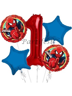 Parti Station Spiderman Örümcek Adam 1 Yaş Balon Set Balon Folyo Set Spiderman Konsept Doğum Günü Set Yaş Balon