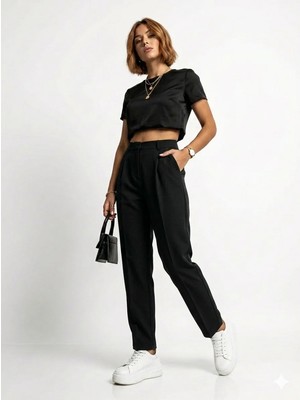 Ribana Classic Kadın Dar Paça Pileli Mevsimlik Klasik Moda Kumaş Pantolon 4687