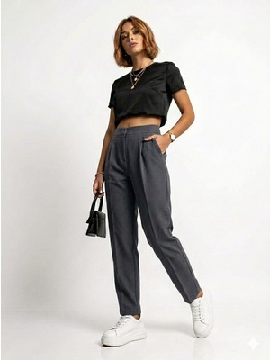 Ribana Classic Kadın Dar Paça Pileli Mevsimlik Klasik Moda Kumaş Pantolon 4687