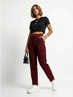 Ribana Classic Kadın Dar Paça Pileli Mevsimlik Klasik Moda Kumaş Pantolon 4687