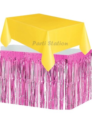 Parti Station Masa Örtüsü ve Masa Eteği Set Plastik Sarı Renk Masa Örtüsü Pembe Renk Metalize Masa Eteği Set