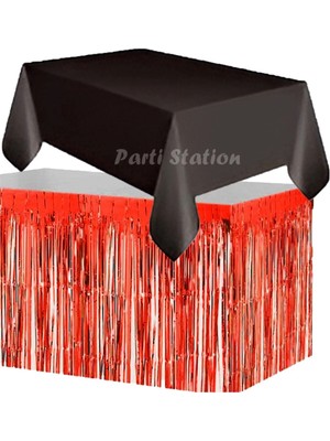 Parti Station Masa Örtüsü ve Masa Eteği Set Plastik Siyah Renk Masa Örtüsü Kırmızı Renk Metalize Masa Eteği Set
