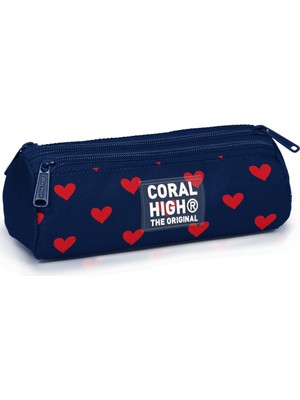 Coral High Kids Lacivert Kırmızı Kalp Desenli Üç Bölmeli Kalem Çantası 31029