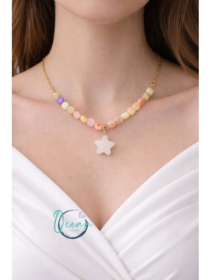 Oceandesign El Yapımı Renkli Boncuklu Kuvars Yıldız Uçlu 45 cm Paslanmaz Çelik Kadın Kolye