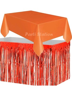 Parti Station Masa Örtüsü ve Masa Eteği Set Plastik Turuncu Renk Masa Örtüsü Kırmızı Renk Metalize Masa Eteği Set