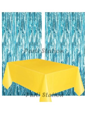 Parti Station 2 Adet Mavi Renk Metalize Arka Fon Perdesi ve 1 Adet Plastik Sarı Renk Masa Örtüsü Set