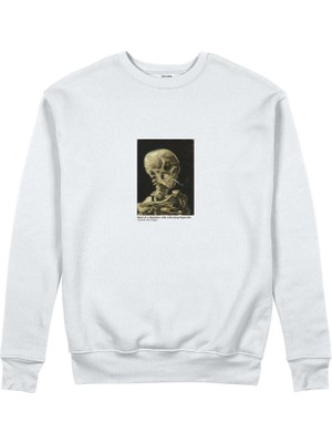 The Lucid Lab Skull Of A Skeleton With Burning Cigarette Sweatshirt - Beyaz