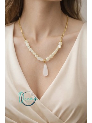 Oceandesign El Yapımı Taşlı Kuvars Damla Uçlu 45 cm Çelik Zincir Kadın Kolye – Zarif Tasarım