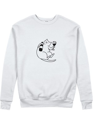 The Lucid Lab Wine Lover Cat Sweatshirt - Beyaz