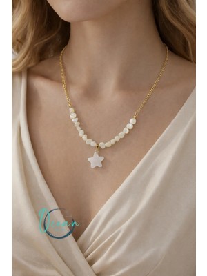 Oceandesign Doğal Beyaz Taşlı Yıldız Kolye 45 cm Paslanmaz Çelik Zincir Gold Renk Kadın Kolye