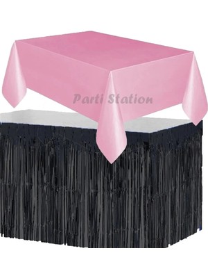 Parti Station Masa Örtüsü ve Etek Set Plastik Pembe Renk Masa Örtüsü Siyah Renk Metalize Sarkıt Masa Eteği Set