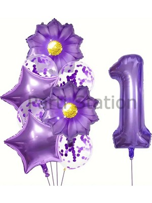 Parti Station Mor Papatya 1 Yaş Balon Set Mor Papatya Konsept Doğum Günü Balon Set