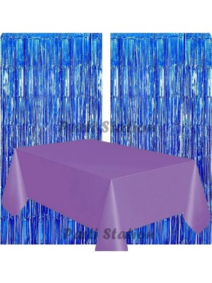 Parti Station 2 Adet Lacivert Renk Metalize Arka Fon Perdesi ve 1 Adet Plastik Mor Renk Masa Örtüsü Set