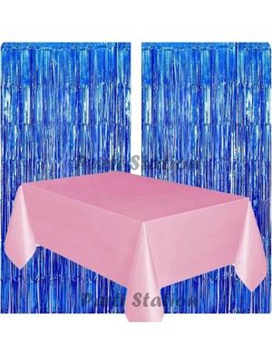 Parti Station 2 Adet Lacivert Renk Metalize Arka Fon Perdesi ve 1 Adet Plastik Pembe Renk Masa Örtüsü Set