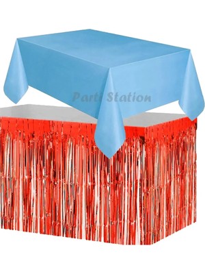 Parti Station Masa Örtüsü ve Etek Set Plastik Mavi Renk Masa Örtüsü Kırmızı Renk Metalize Sarkıt Masa Eteği Set