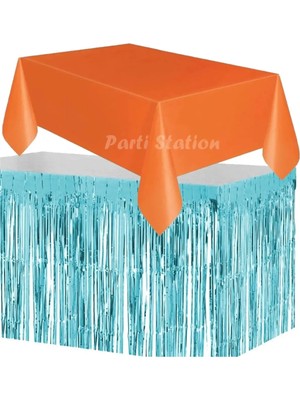 Parti Station Masa Örtüsü ve Masa Eteği Set Plastik Turuncu Renk Masa Örtüsü Mavi Renk Metalize Masa Eteği Set