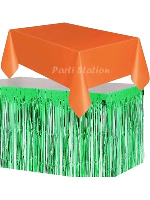 Parti Station Masa Örtüsü ve Masa Eteği Set Plastik Turuncu Renk Masa Örtüsü Yeşil Renk Metalize Masa Eteği Set