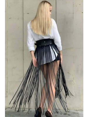 Çamaşır Kenti Yüksek Bel Şık Deri Püsküllü Seksi Etek - CK1003