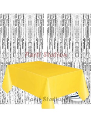 Parti Station 2 Adet Gümüş Gri Renk Metalize Arka Fon Perdesi ve 1 Adet Plastik Sarı Renk Masa Örtüsü Set