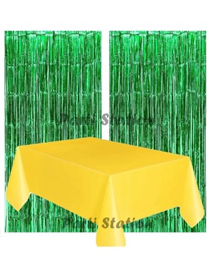 Parti Station 2 Adet Yeşil Renk Metalize Arka Fon Perdesi ve 1 Adet Plastik Sarı Renk Masa Örtüsü Set